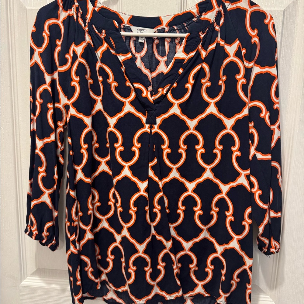 Crown & Ivy Navy and Orange Patterned Blouse